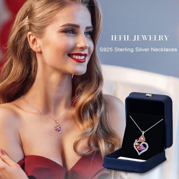 Sterling Silver Double Heart Birthstone Necklace with Rose Flower Design for Wom - Picture 4 of 7